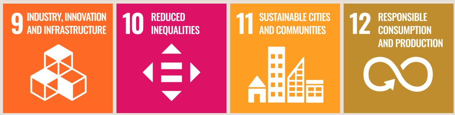 icons representing SDGs number 9 to 12. 9 shows stacked cubes, 10 shows a bold E against a diamond background, 11 shows the front of four buildings of different heights, 12 shows an arrow bent into a flowing figure of 8. 