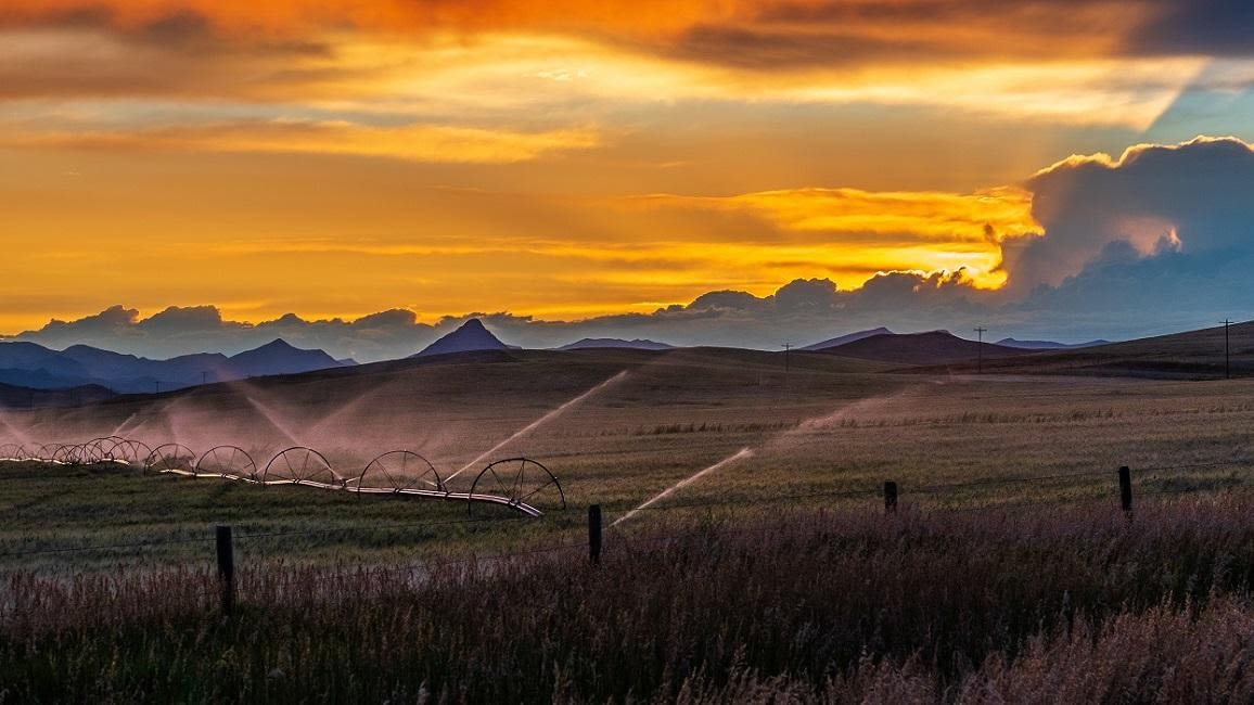 Water being sprayed on crop fields with mountains in the background