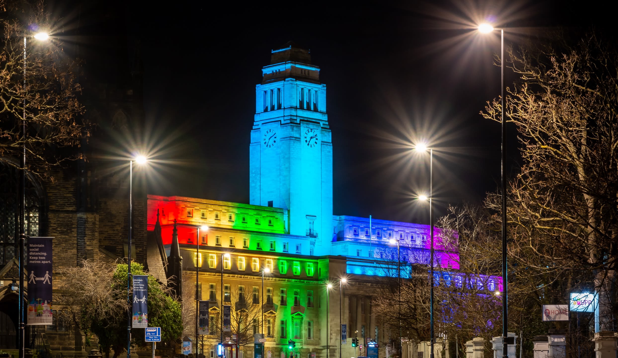 The Parkinson Building at the University of Leeds lit up in rainbow colours to celebrate LGBTQ+ History Month