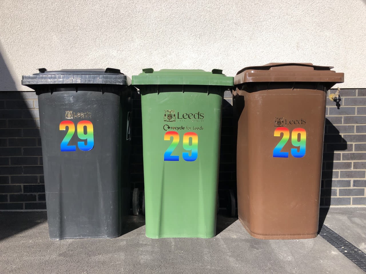 Three wheelie bins (one black, one green, one brown) in Leeds with a rainbow coloured number 29 on the front.