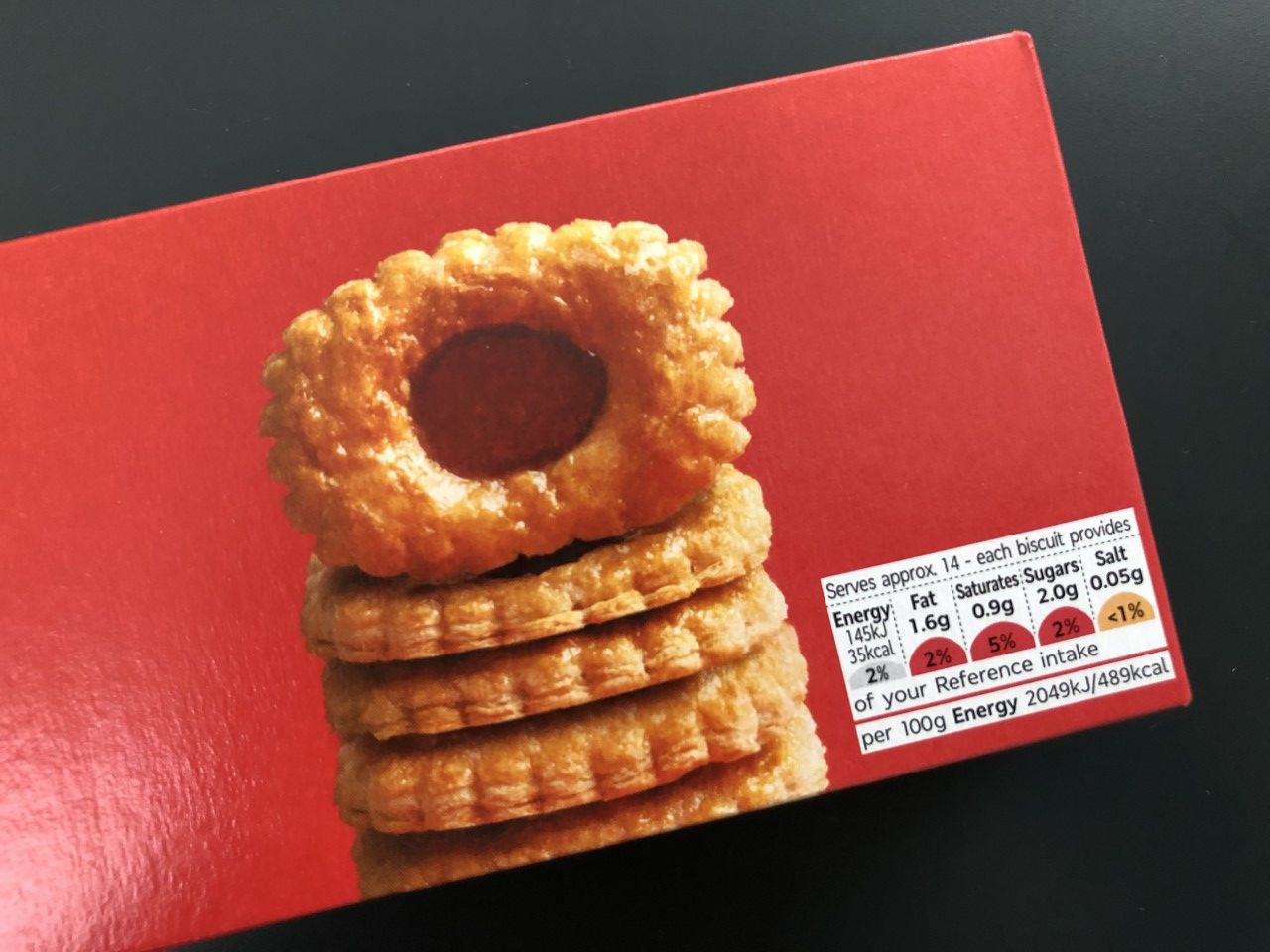 An example of the ‘traffic light’ food labelling system used in the UK on a box of biscuits. The use of red indicates that the biscuits contain high amounts of fat, saturated fat and sugars.