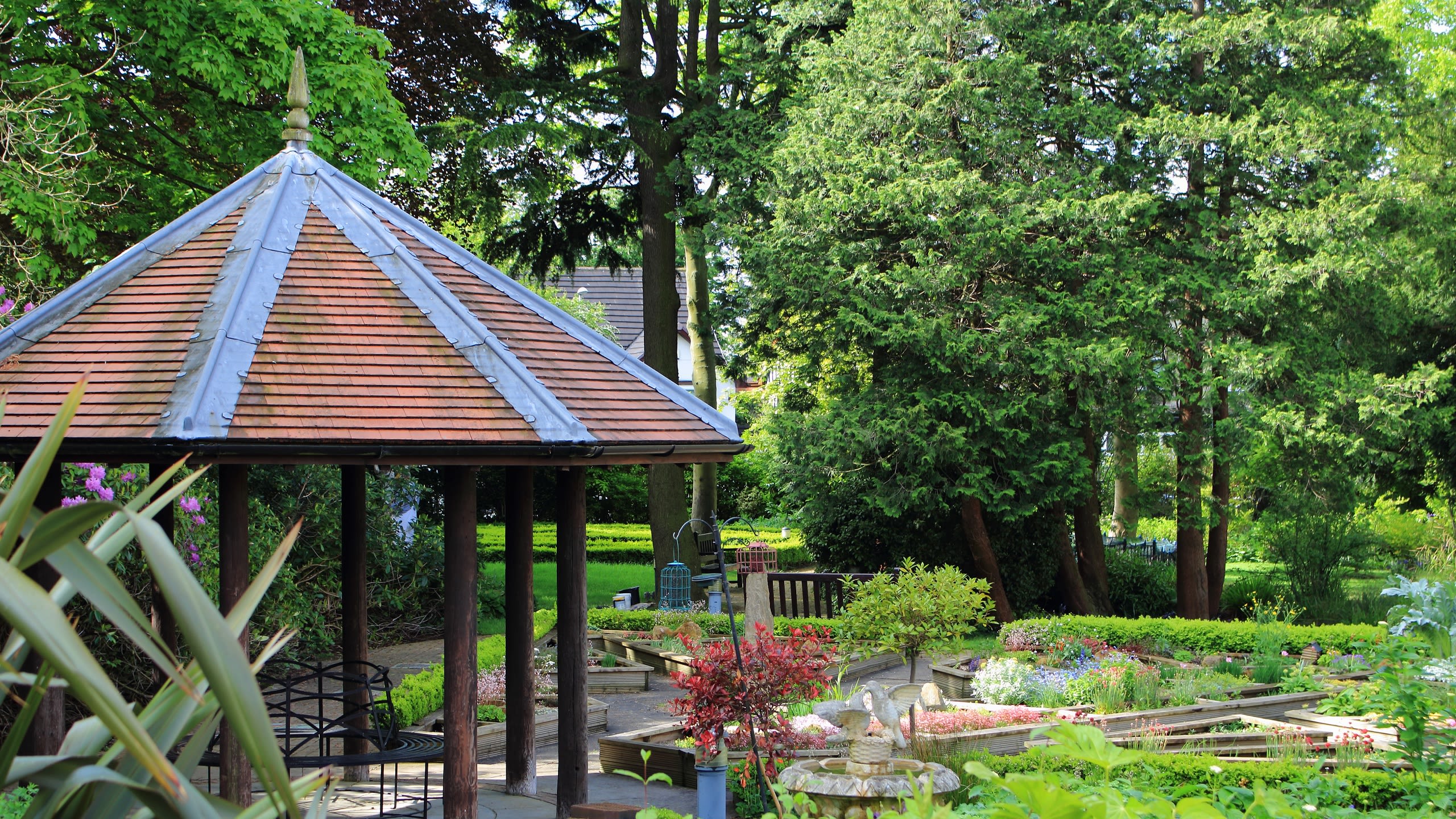 A leafy garden with trees, plants, benches and a pergola