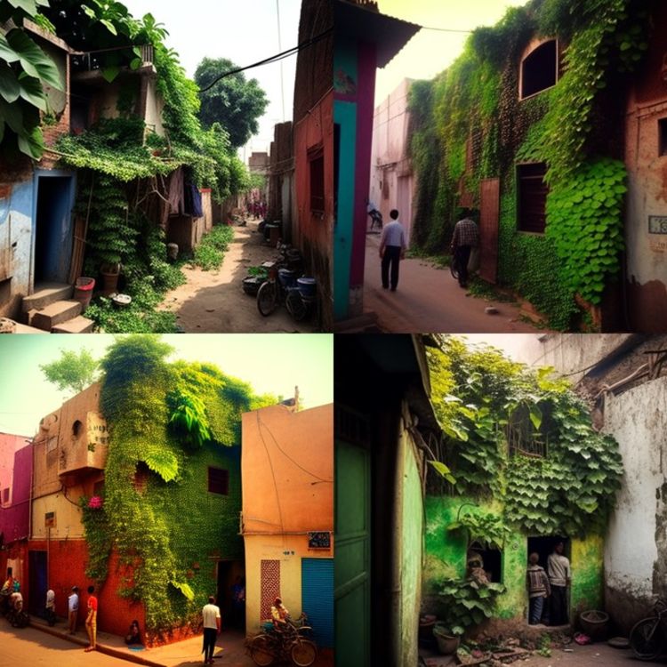 Four AI-generated images of streets in India with buildings covered in greenery and alongside trees.