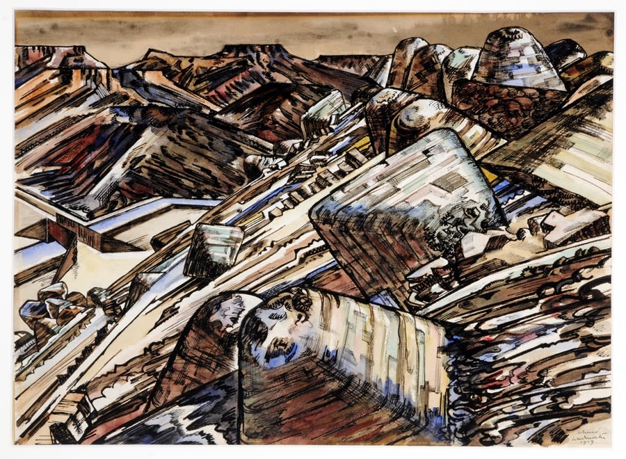 An ink and watercolour drawing of a dramatic, rocky landscape. 