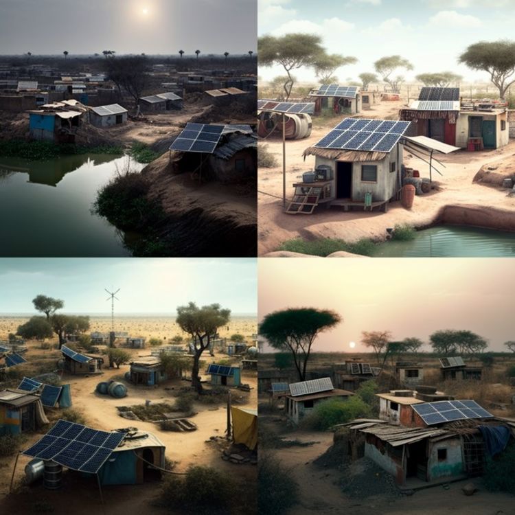 Four AI-generated images of buildings in a rural, arid landscape. The buildings are covered in solar panels.