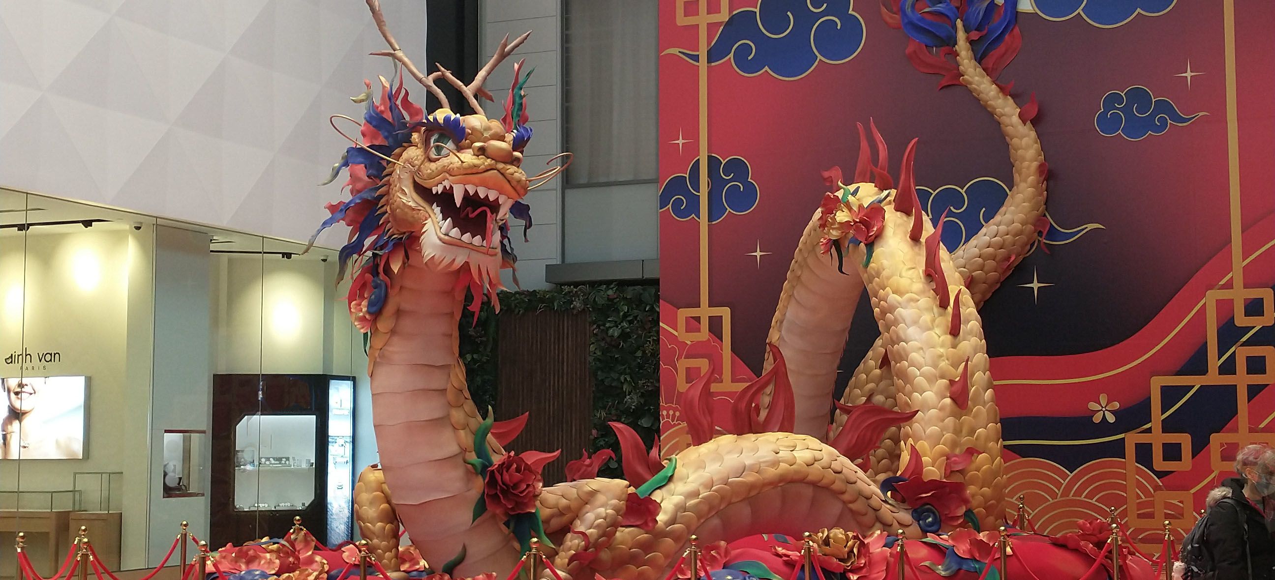 Golden dragon statue in a shopping mall