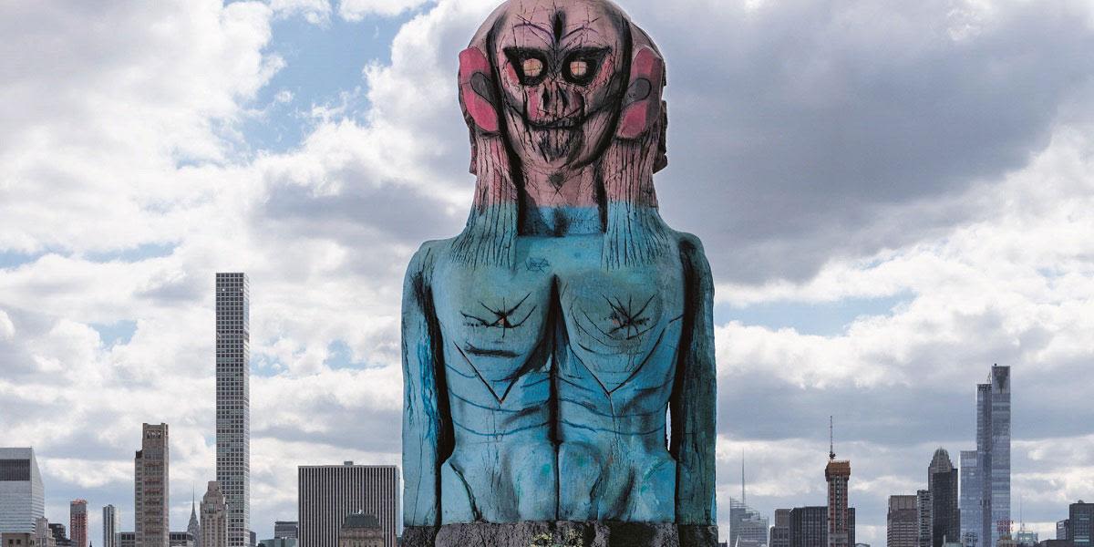 Sculpture by Huma Bhaba against a New York skyline.