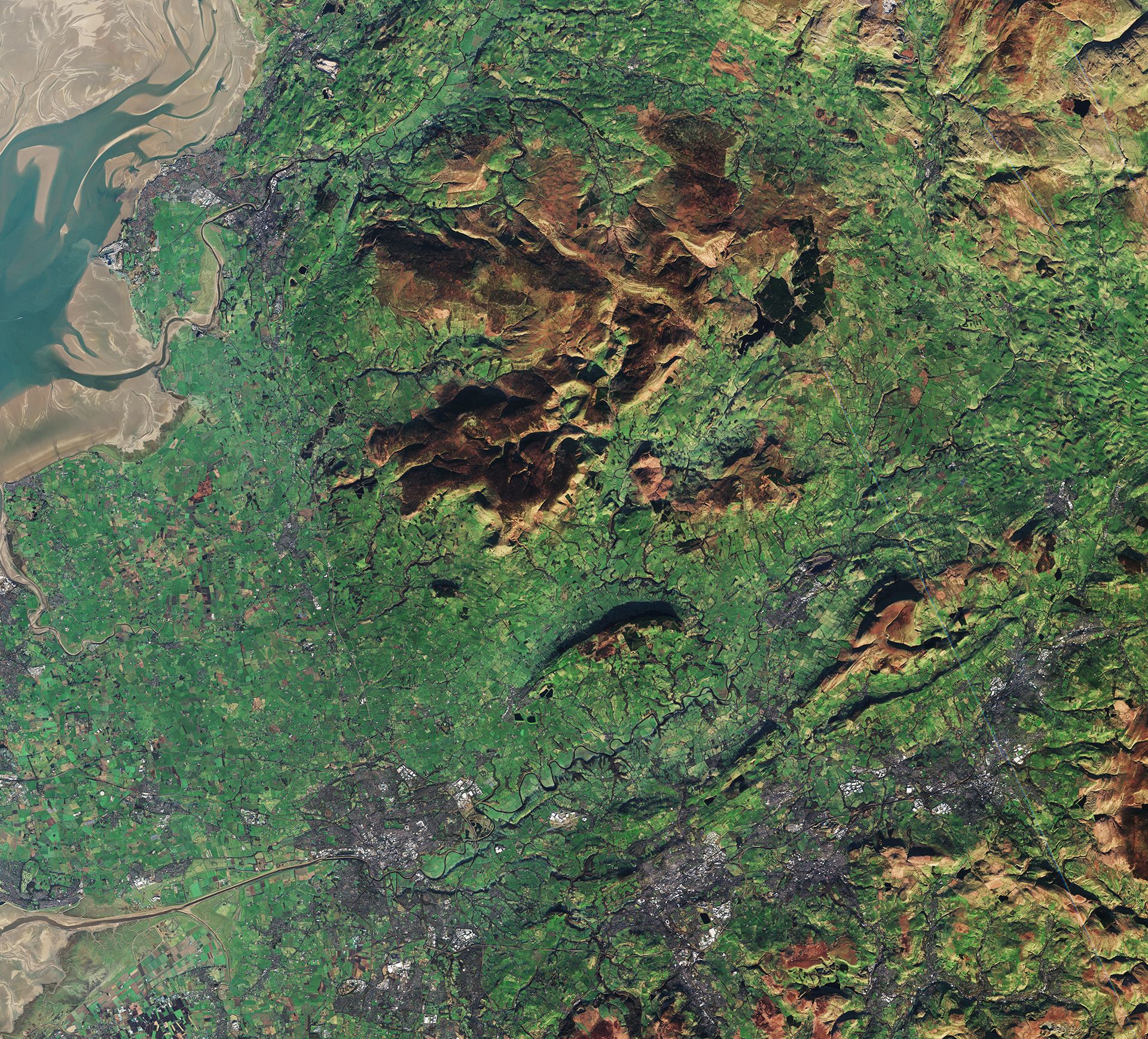 Satellite image of North West England, with Preston, Blackburn and Burnley visible