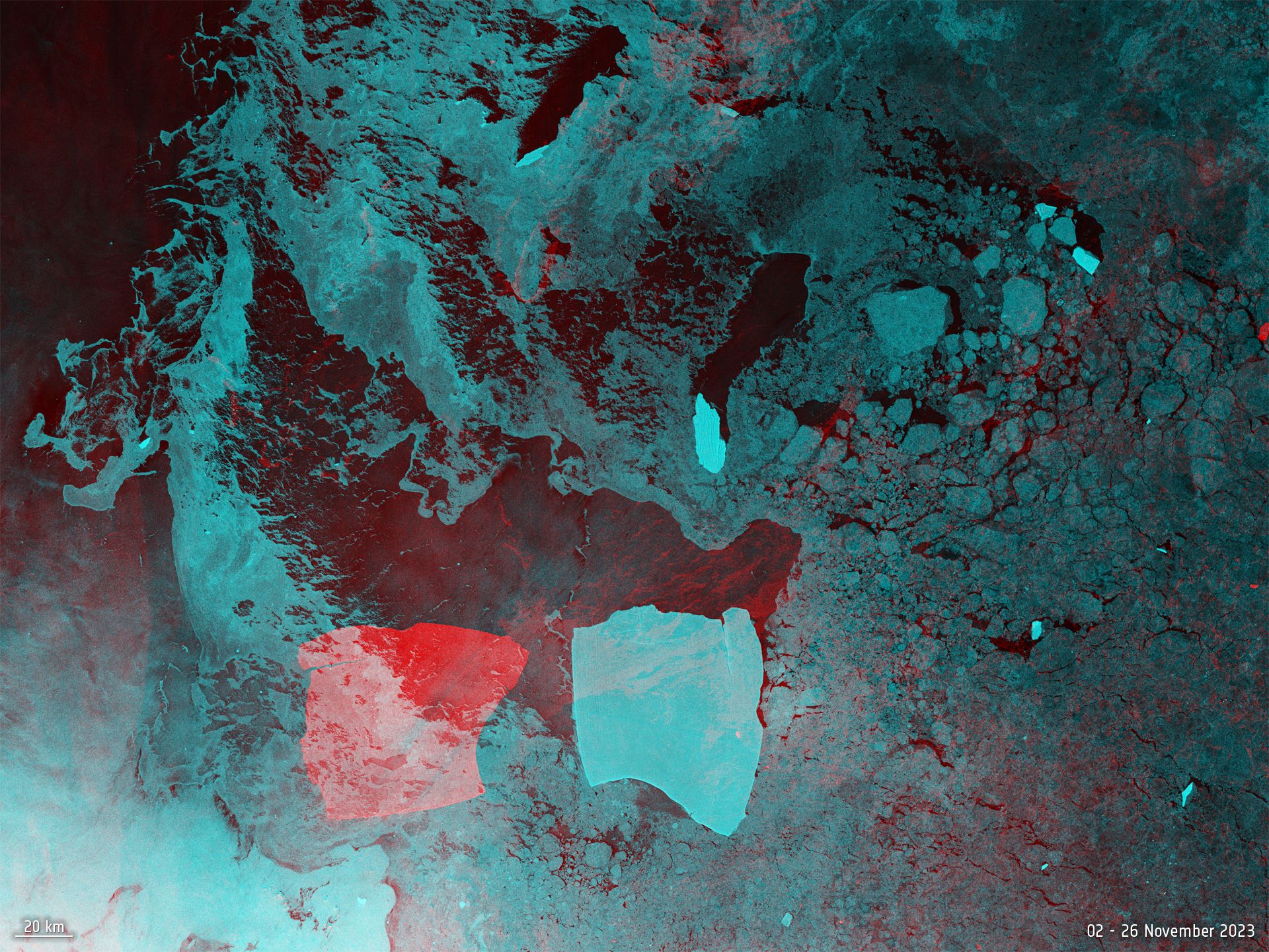 Two overlaid satellite images, one red and one blue, showing an iceberg moving across the picture