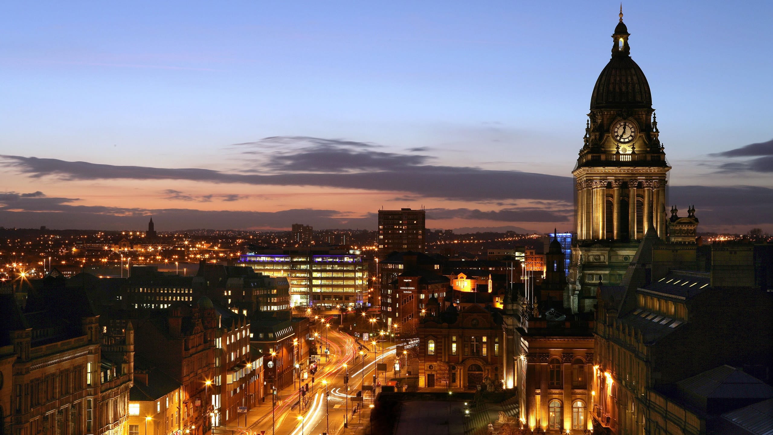 Aerial view of Leeds city and Town Hall tower at night